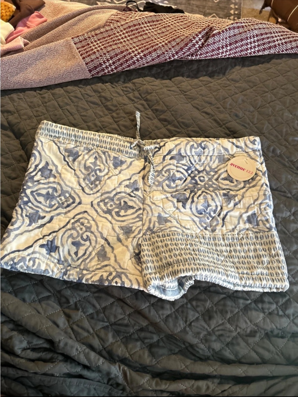 Avenue Blue and White Patterned Athletic Lounge Shorts